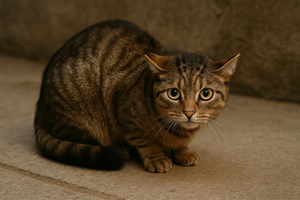 Katze wackelt mit Schwan- Ängstlich Katze wackelt mit dem Schwanz: Katze ist ängstlich, eingezogener Schwanz