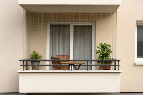 Katzennetz Balkon- Balkon Katzennetz Balkon: Balkonansicht von draußen mit Katzennetz