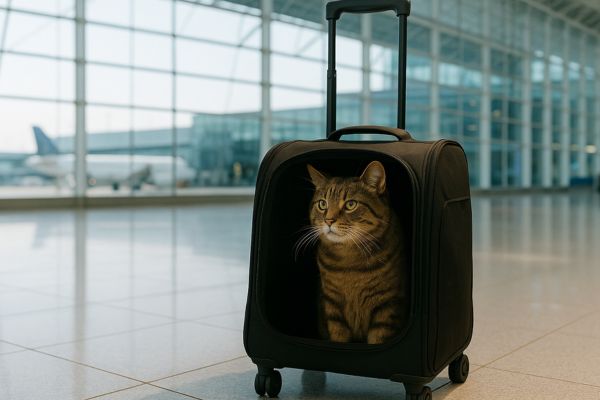 Transportbox katze- rollbox am Flughafen Transportbox Katze: Katze in Transportbox mit Rollen am Flughafen