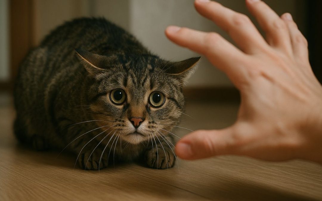 Katze hat angst vor mir: Katze weicht vor Hand zurück