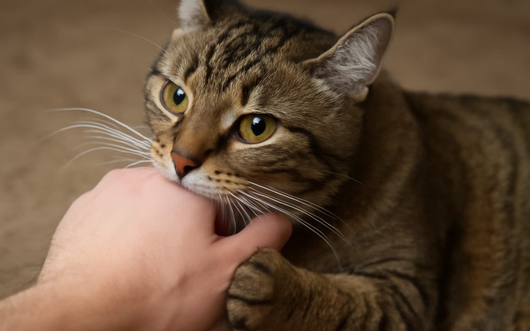 Katze beißt einem Menschen in die Hand