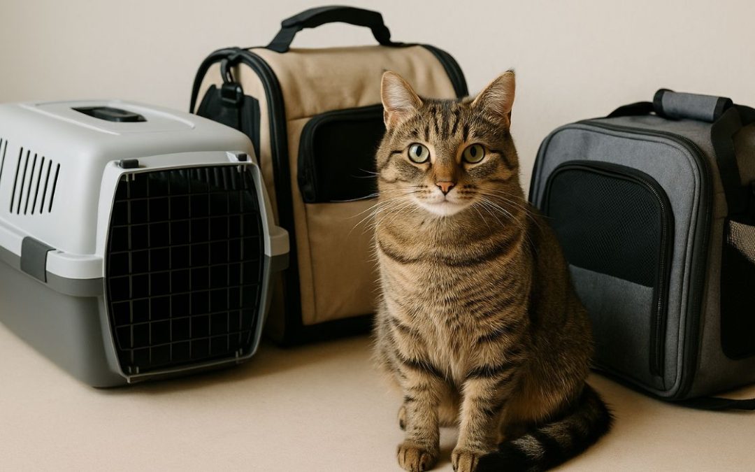 Transportbox Katze: Katze sitzt vor einer Auswahl an Transportboxen und -Taschen