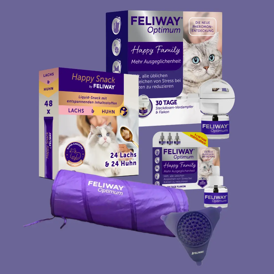 Produktpaket von FELIWAY Optimum und Happy Snack mit Steckdosen-Verdampfer, Nachfüllpackungen, Spieltunnel und Massage-Bürste auf lila Hintergrund.